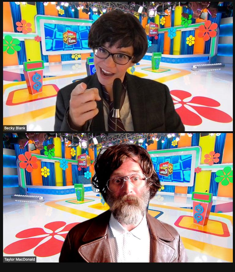 Two Ample team members in wigs and costume on a video call, each with a game-show set behind them